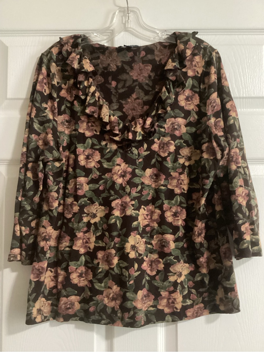 Chaps Brown Floral Ruffle-Neck Blouse